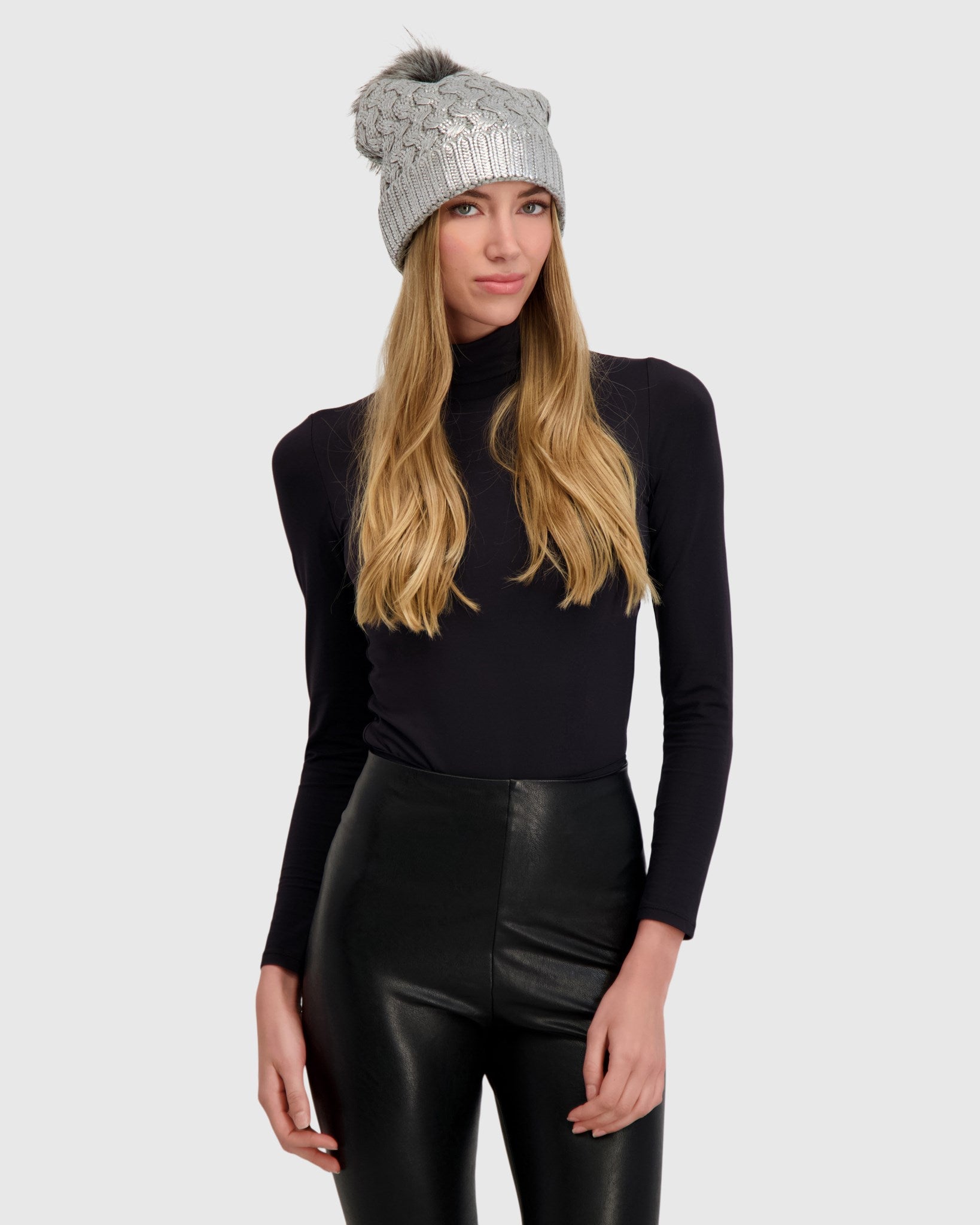 KNIT BEANIE HAT WITH FUR-FREE FOX (FAUX FUR) POMPOM