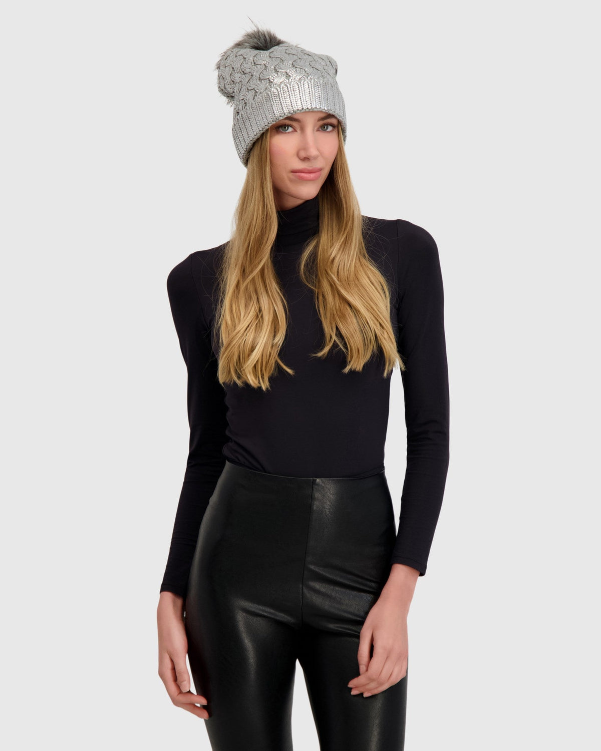 KNIT BEANIE HAT WITH FUR-FREE FOX (FAUX FUR) POMPOM - SILVER METALLIC/GRAY