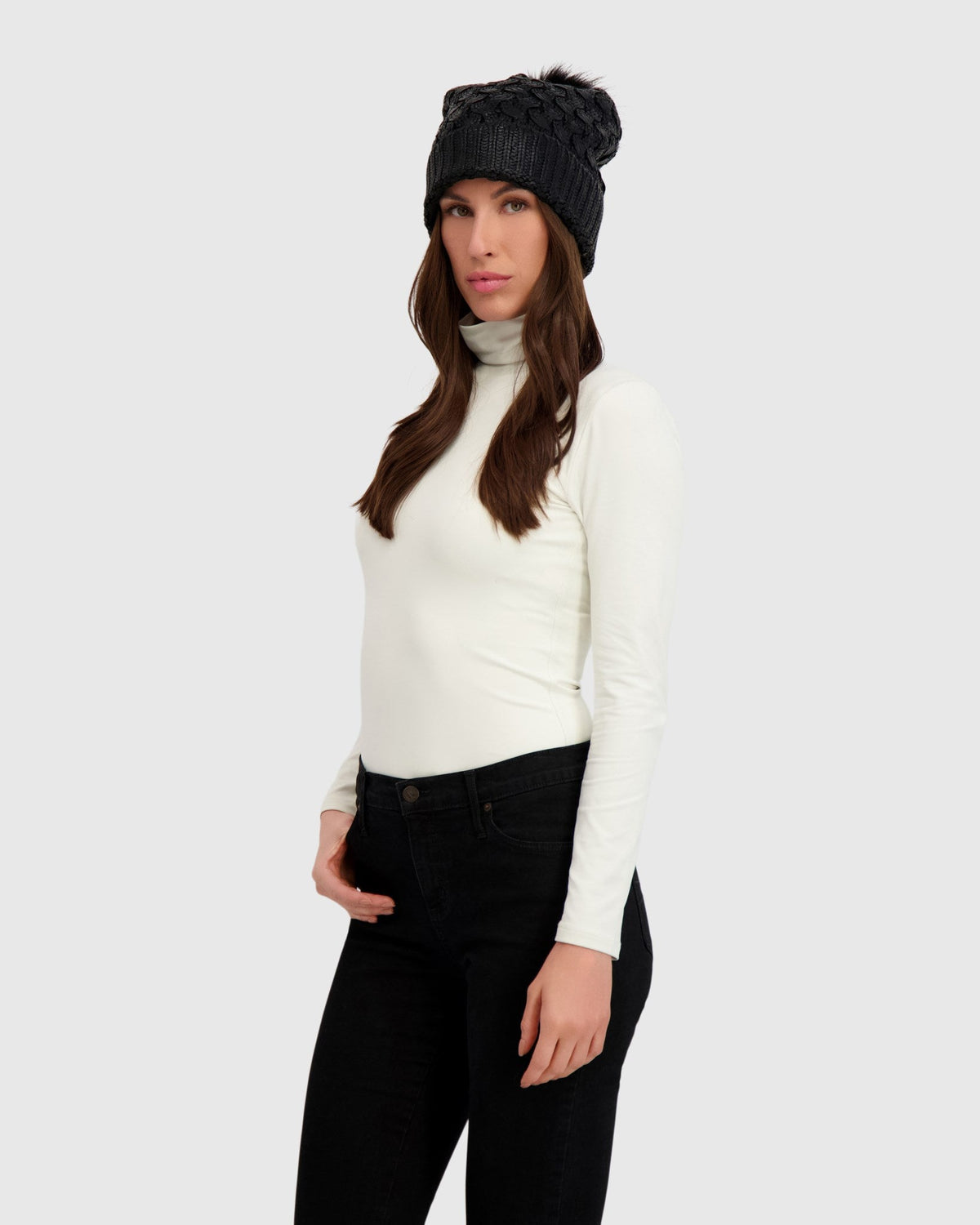 KNIT BEANIE HAT WITH FUR-FREE FOX (FAUX FUR) POMPOM - BLACK METALLIC/BLACK