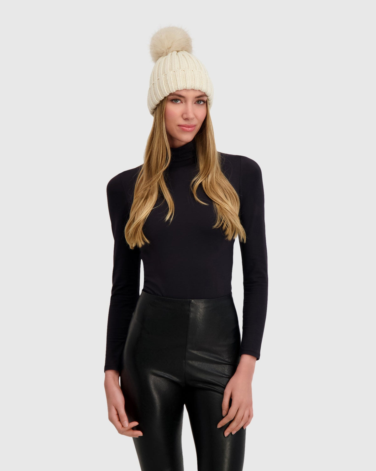 KNIT BEANIE HAT WITH FUR-FREE FOX (FAUX FUR) POMPOM - BEIGE/BEIGE