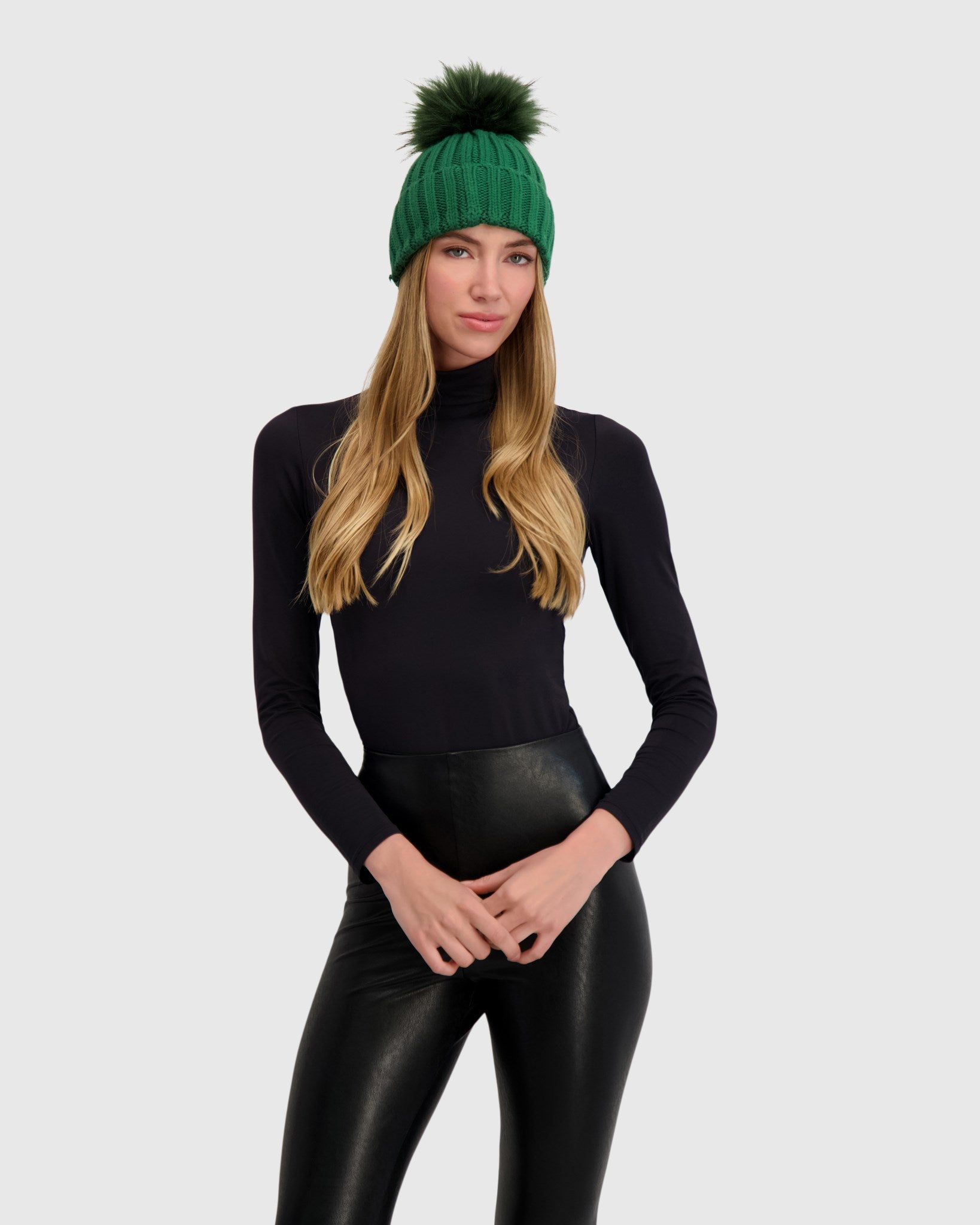 KNIT BEANIE HAT WITH FUR-FREE FOX (FAUX FUR) POMPOM