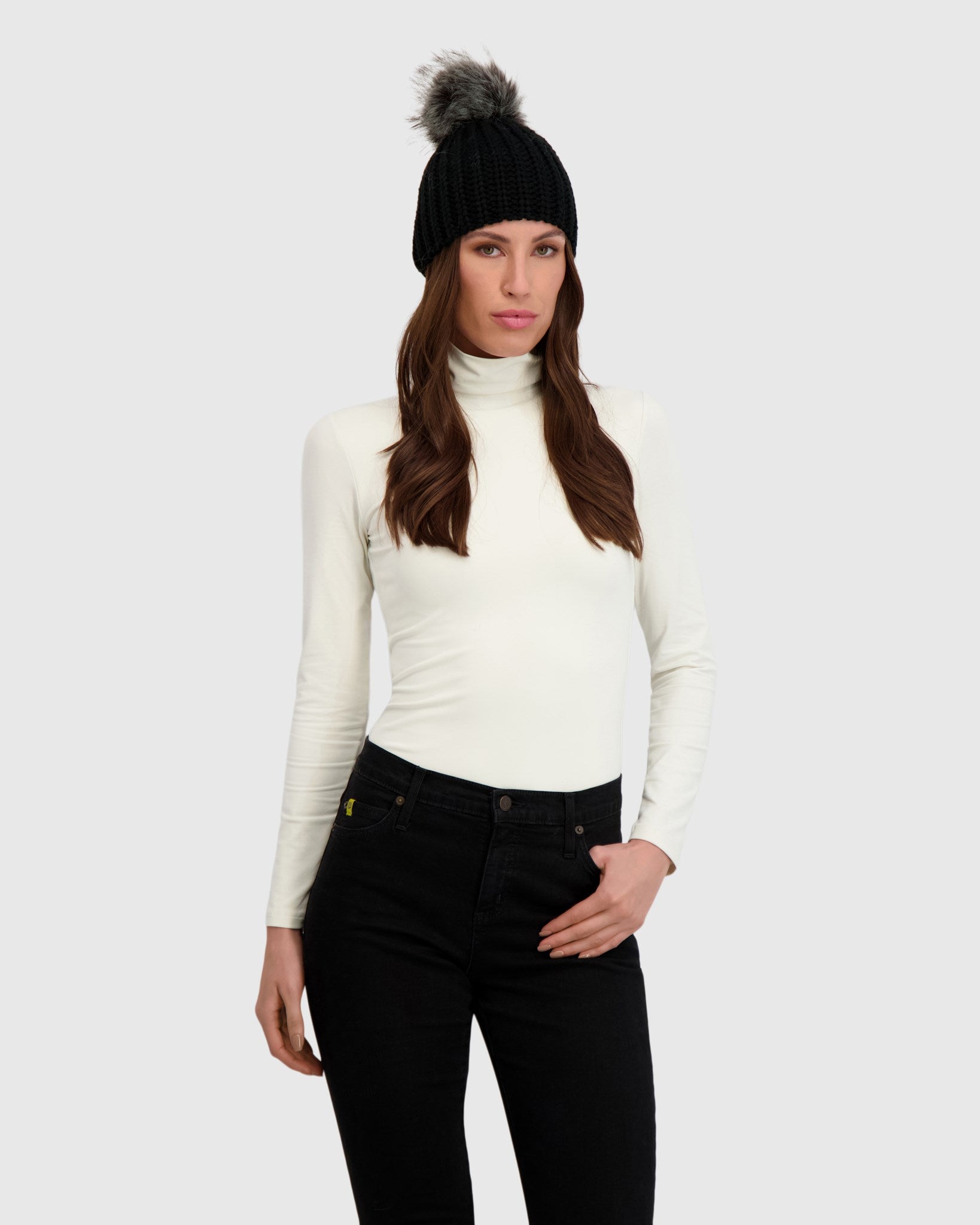 KNIT BEANIE HAT WITH FUR-FREE FOX (FAUX FUR) POMPOM