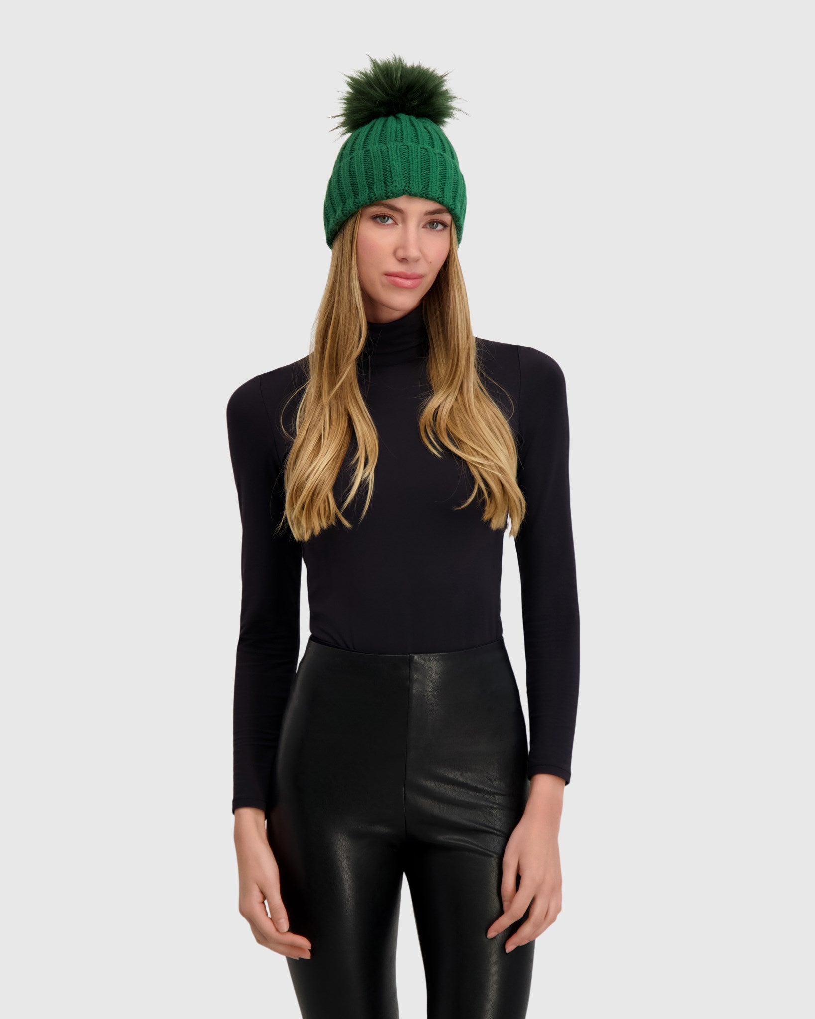 KNIT BEANIE HAT WITH FUR-FREE FOX (FAUX FUR) POMPOM