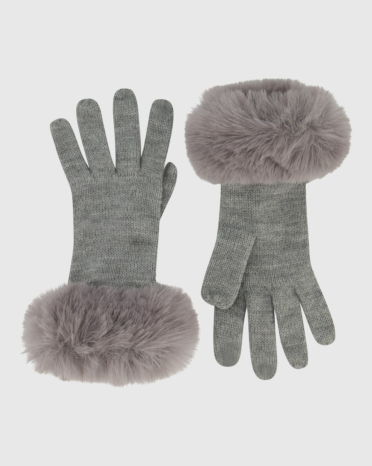 KNIT GLOVES WITH FUR-FREE FOX (FAUX FUR) TRIM - GRAY