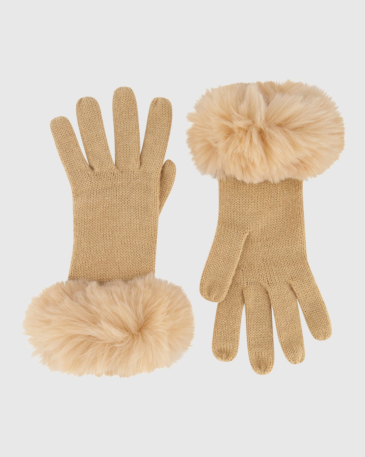 KNIT GLOVES WITH FUR-FREE FOX (FAUX FUR) TRIM - BEIGE