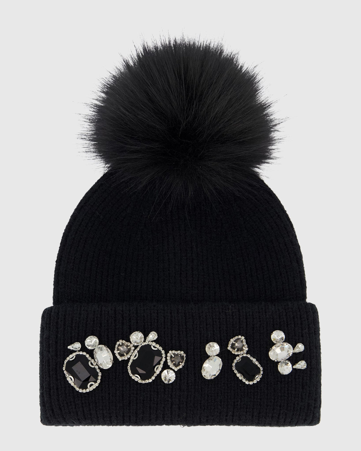 KNIT HAT WITH FUR-FREE FOX (PL) POMPOM - BLACK/BLACK