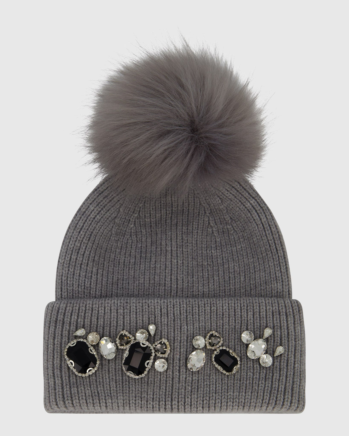 KNIT HAT WITH FUR-FREE FOX (PL) POMPOM - GRAY/GRAY