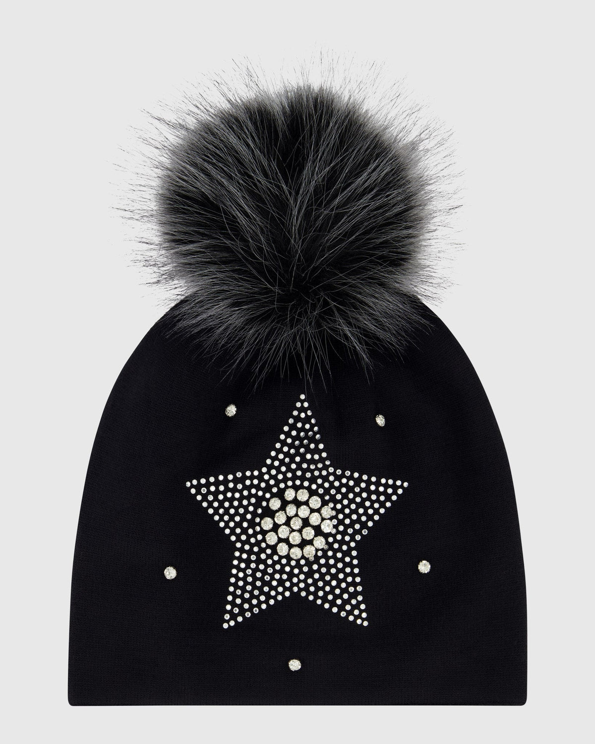 KNIT HAT WITH FUR-FREE FOX (PL) POMPOM - BLACK/BLACK