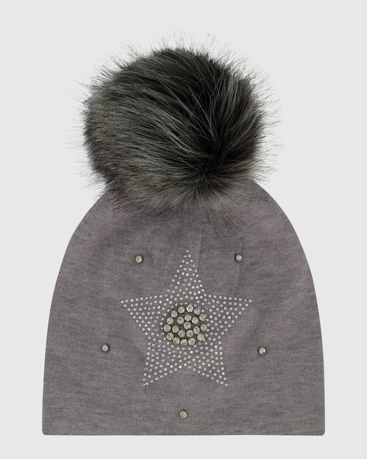KNIT HAT WITH FUR-FREE FOX (PL) POMPOM - GRAY/GRAY