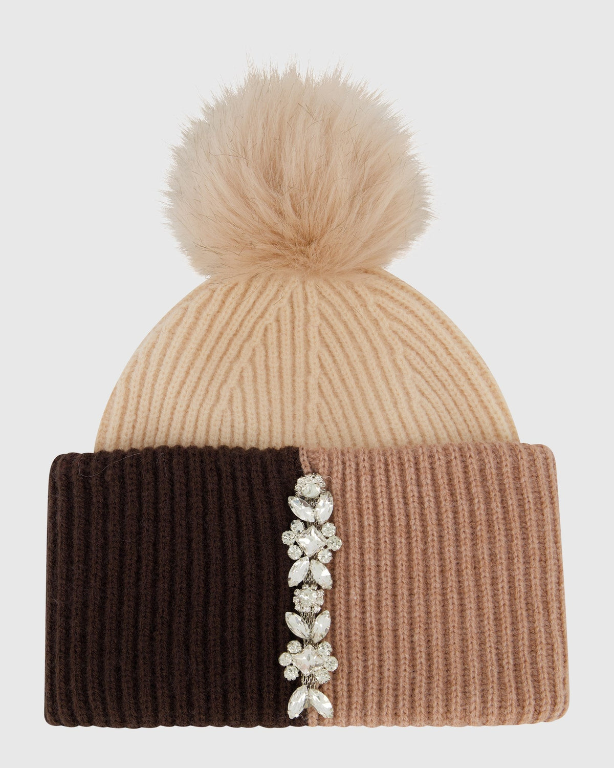 KNIT HAT WITH FUR-FREE FOX (PL) POMPOM - BEIGE MULTI/BEIGE