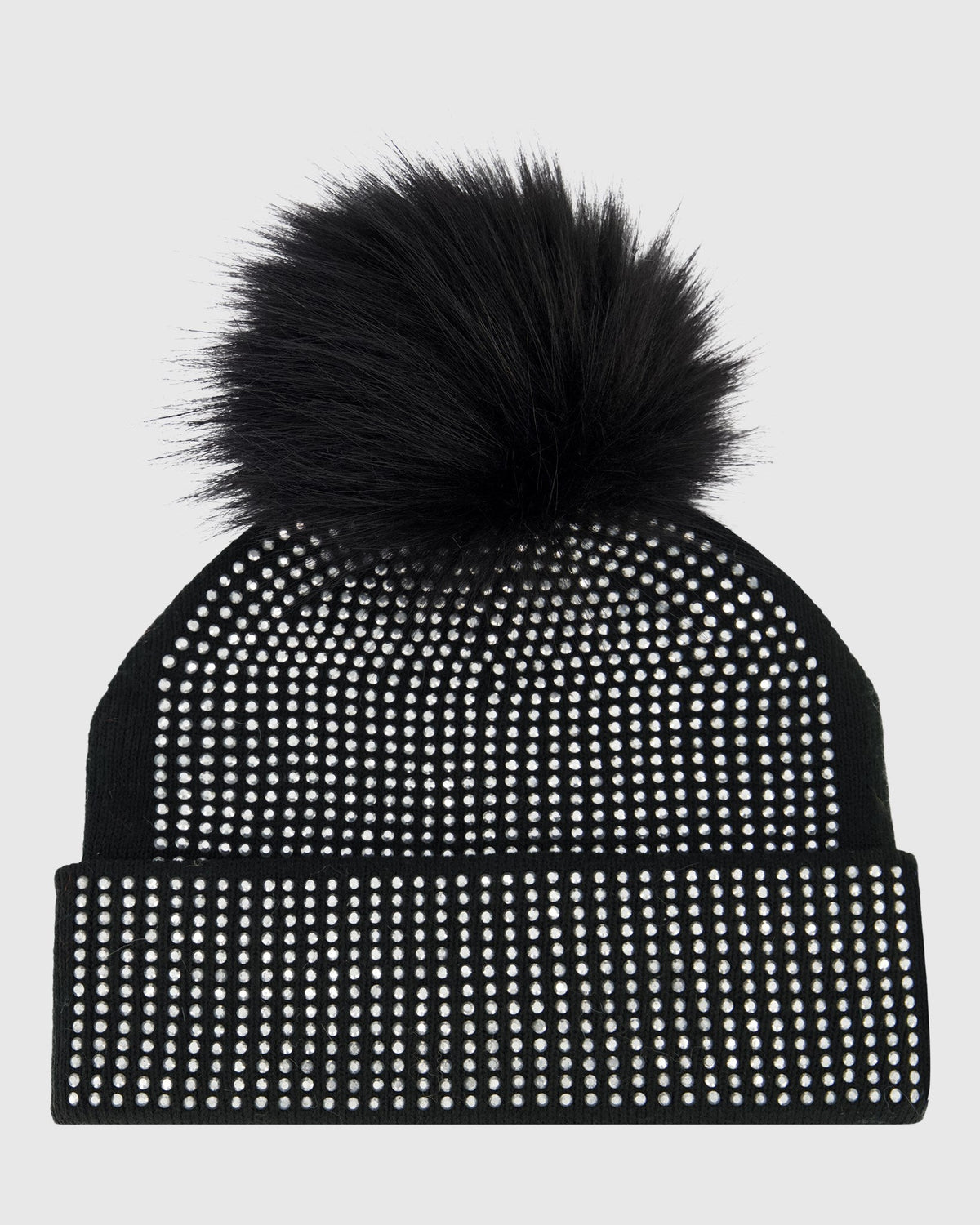 KNIT HAT WITH FUR-FREE FOX (PL) POMPOM - BLACK/BLACK