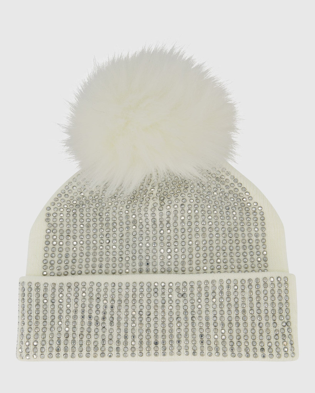 KNIT HAT WITH FUR-FREE FOX (PL) POMPOM - WHITE/WHITE