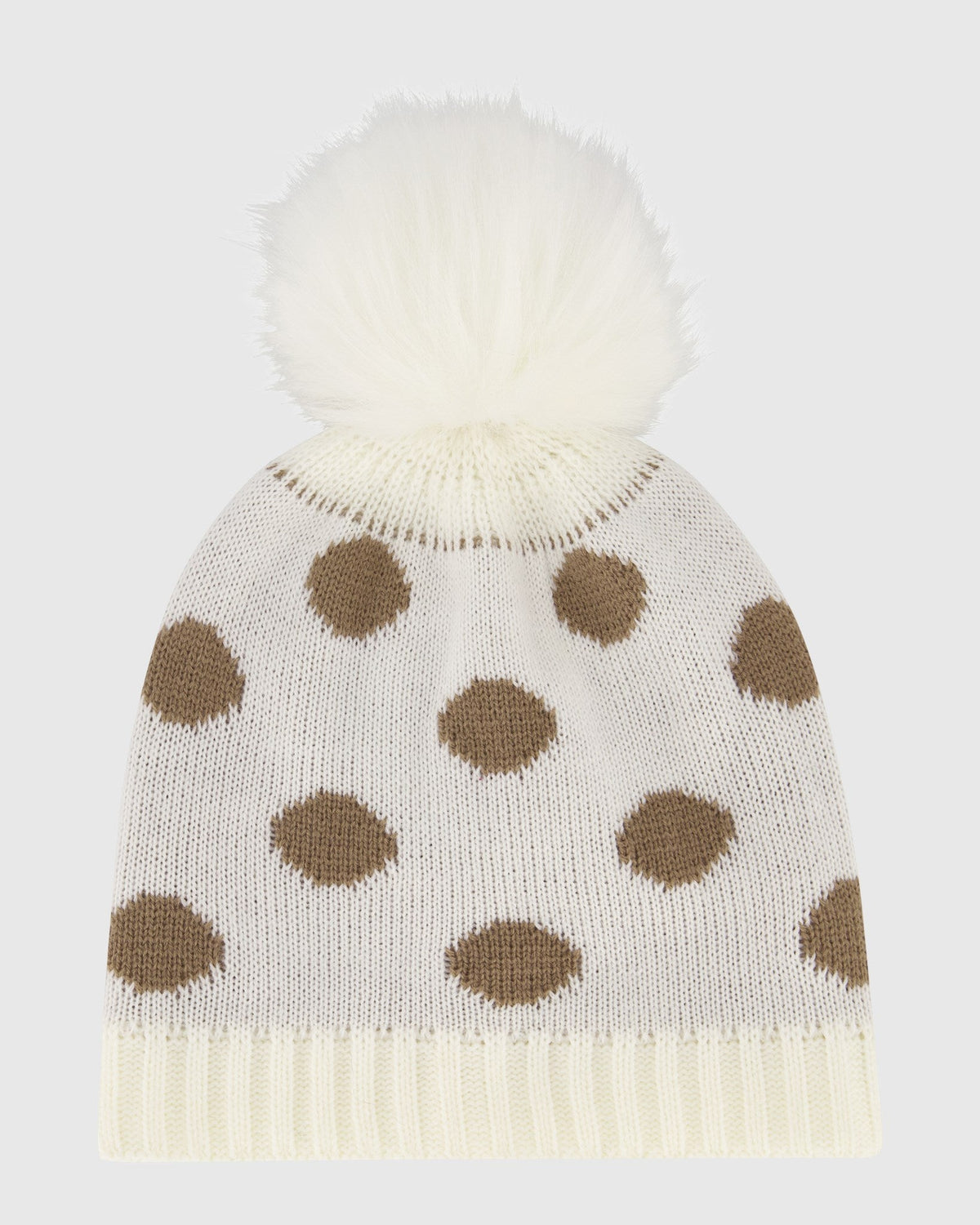 KNIT HAT WITH FUR-FREE FOX (PL) POMPOM - WHITE/TAUPE SPOTTED/WHITE