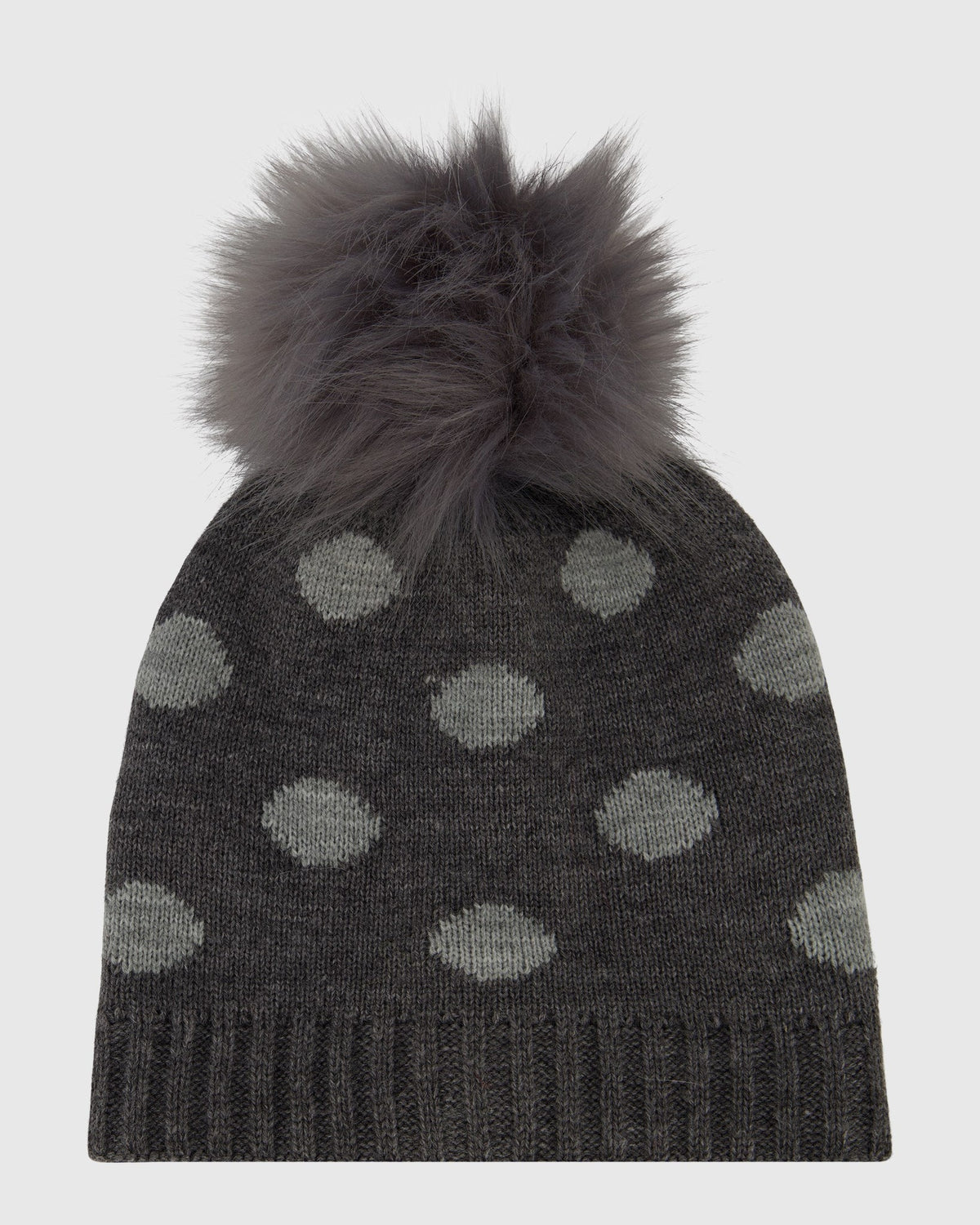 KNIT HAT WITH FUR-FREE FOX (PL) POMPOM - GRAY/LIGHT GRAY SPOTTED/LIGHT