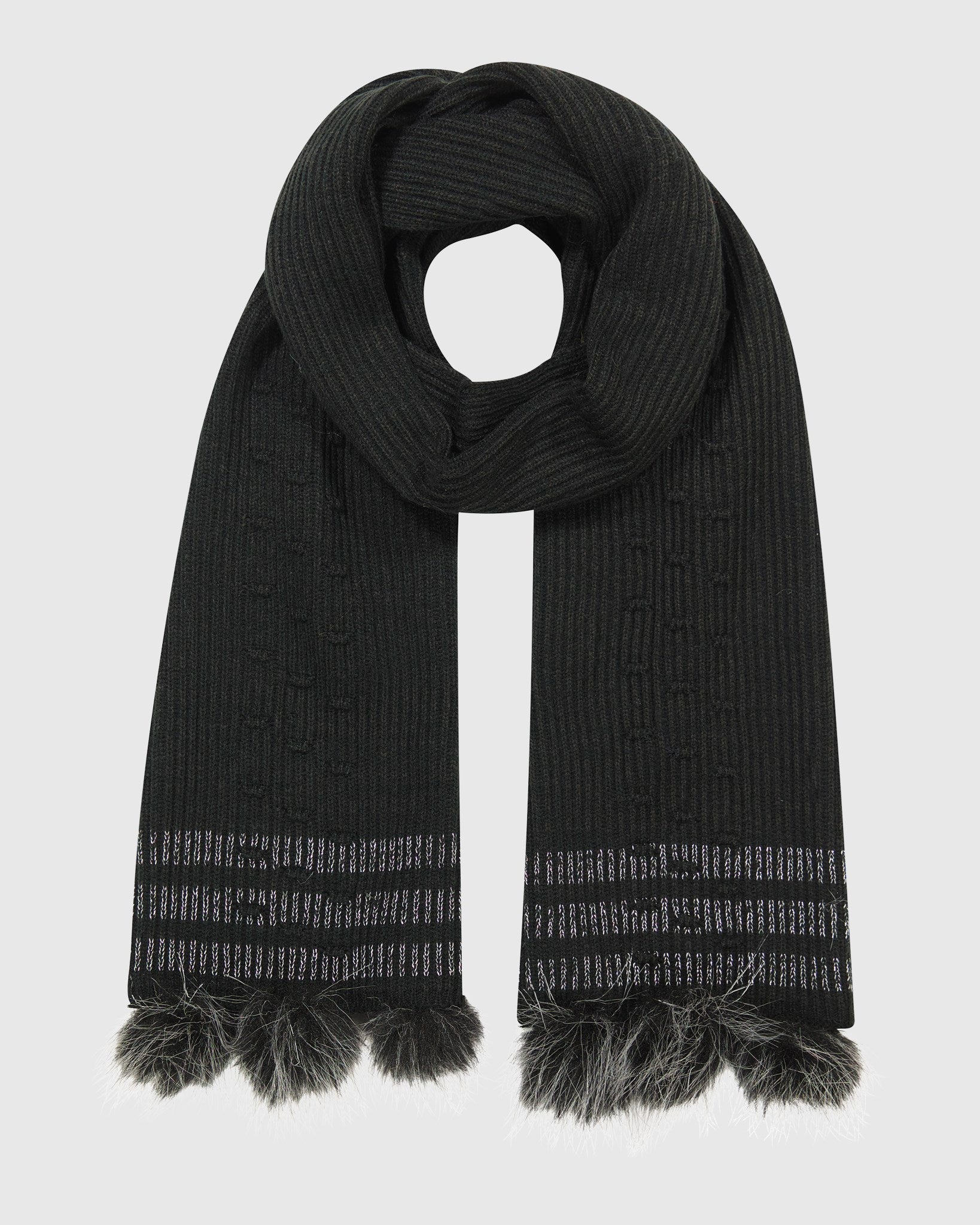 KNIT SCARF WITH FUR-FREE FOX (FAUX FUR) POMPOMS