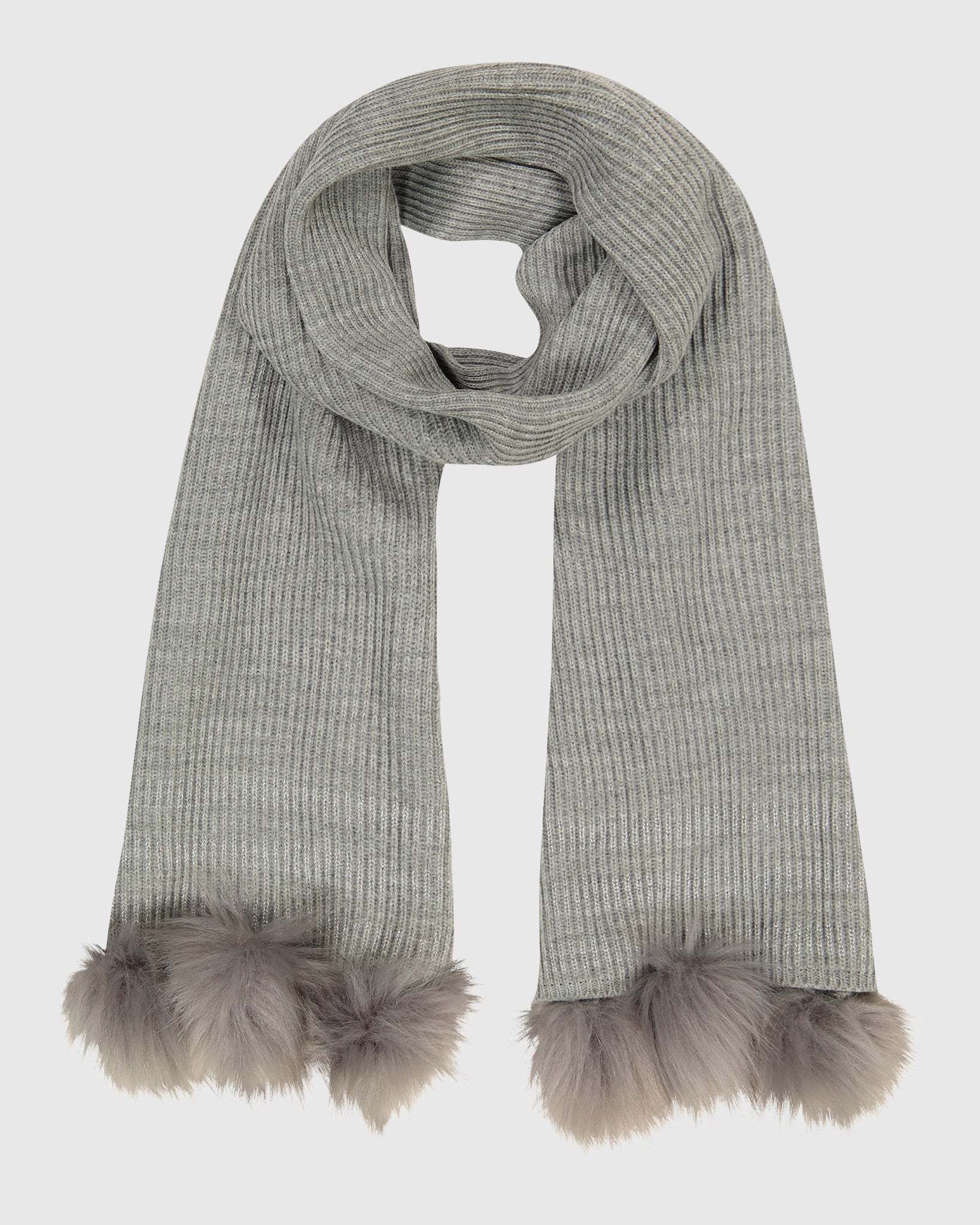 KNIT SCARF WITH FUR-FREE FOX (FAUX FUR) POMPOMS
