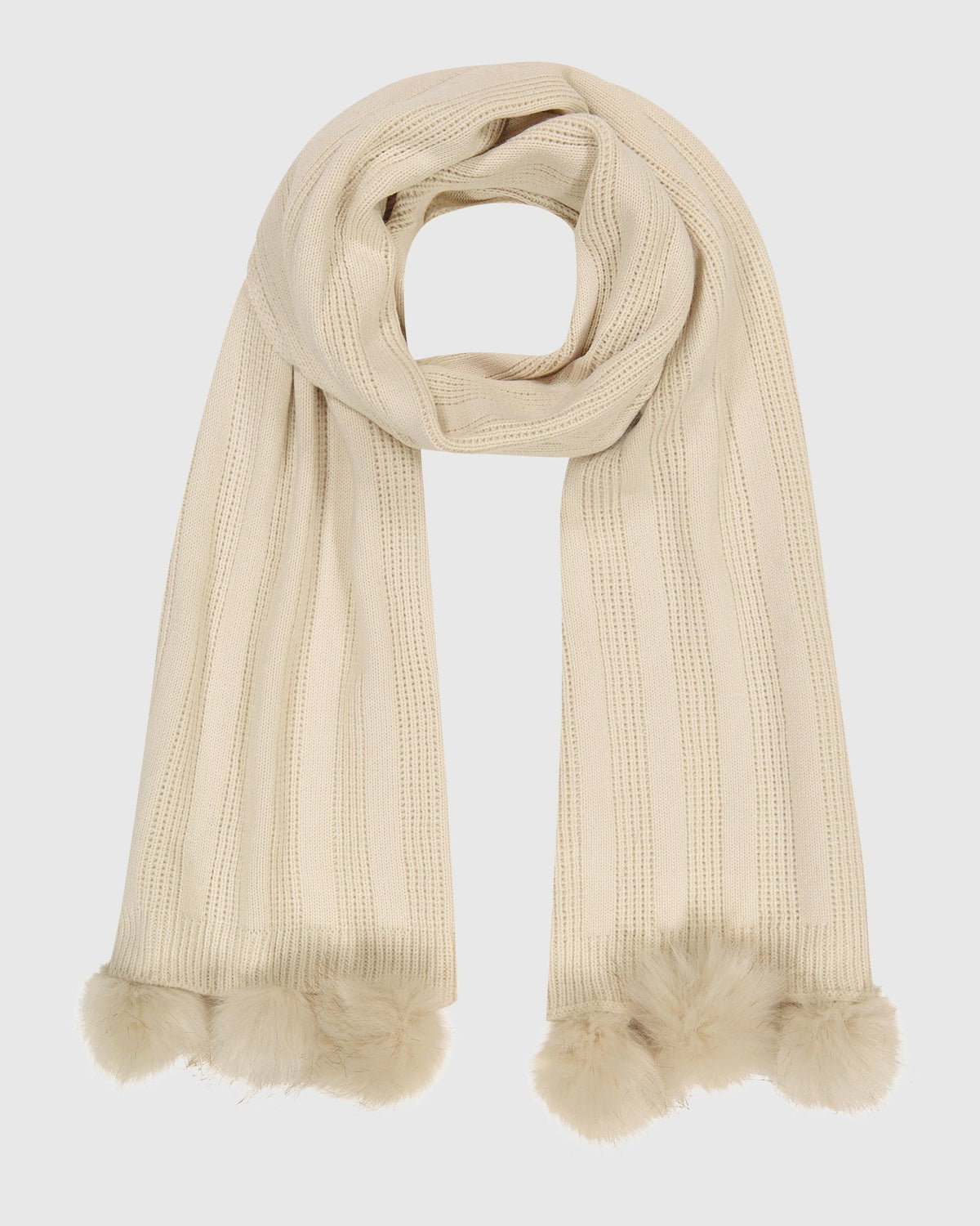 KNIT SCARF WITH FUR-FREE FOX (PL) POMPOMS - BEIGE