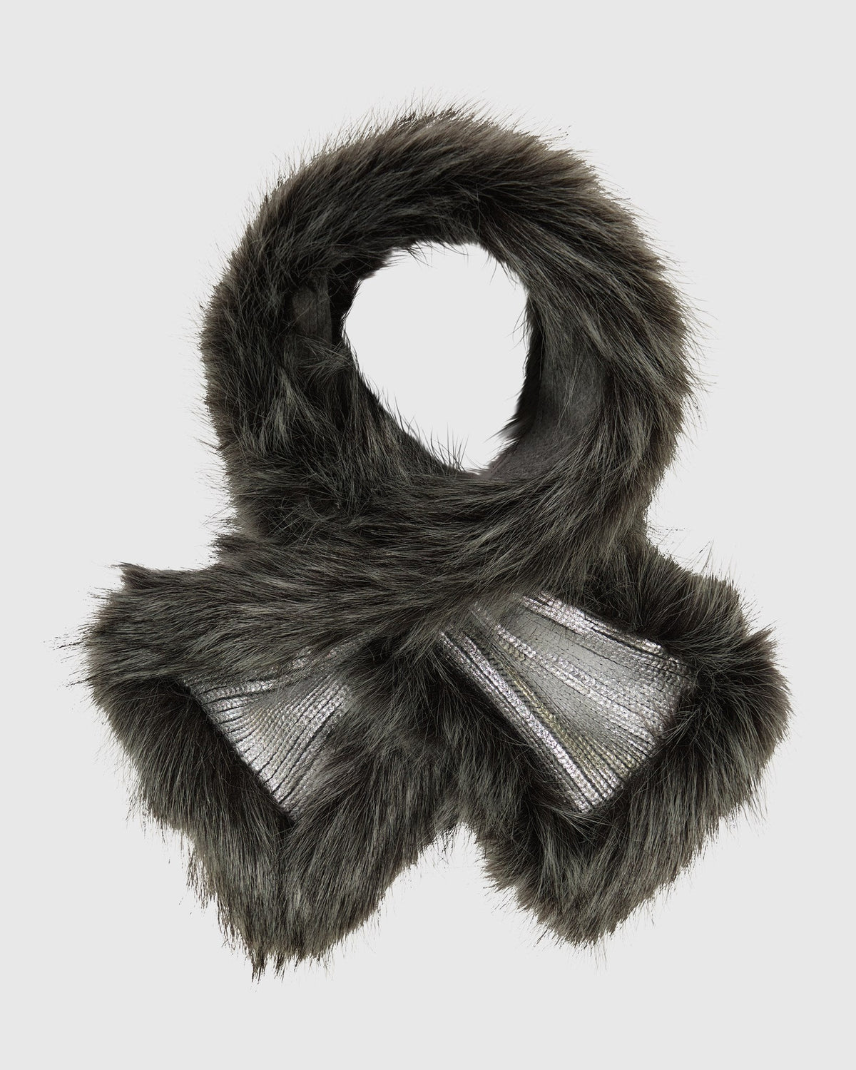 METALLIC KNIT SCARF WITH FUR-FREE FOX (PL) TRIM - GRAY CHINCH