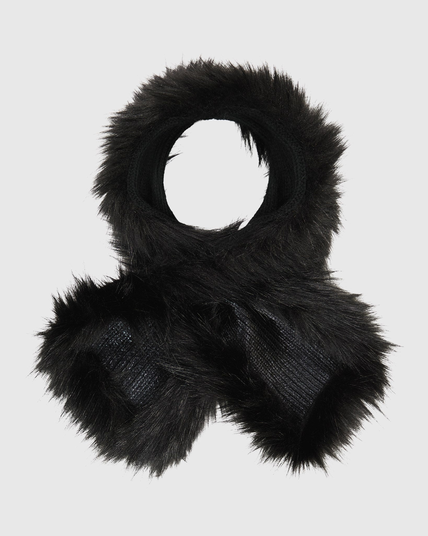 METALLIC KNIT SCARF WITH FUR-FREE FOX (FAUX FUR) TRIM
