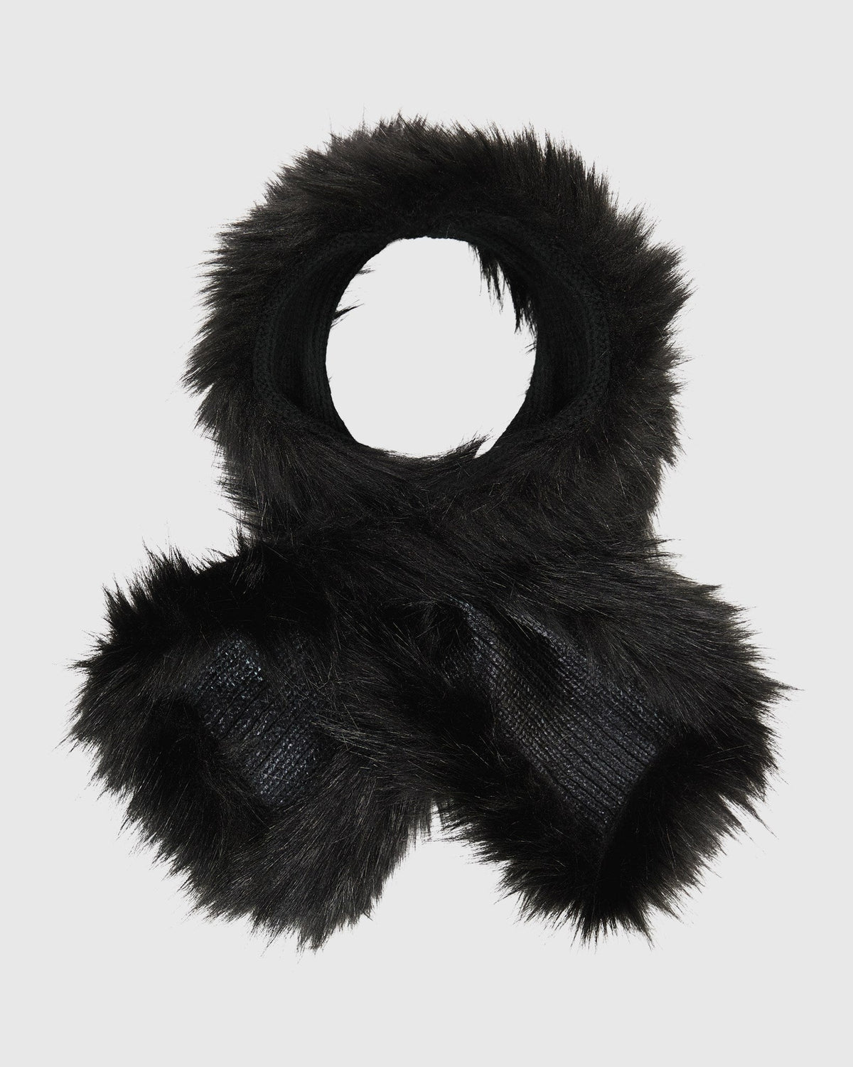 METALLIC KNIT SCARF WITH FUR-FREE FOX (PL) TRIM - BLACK/METALLIC