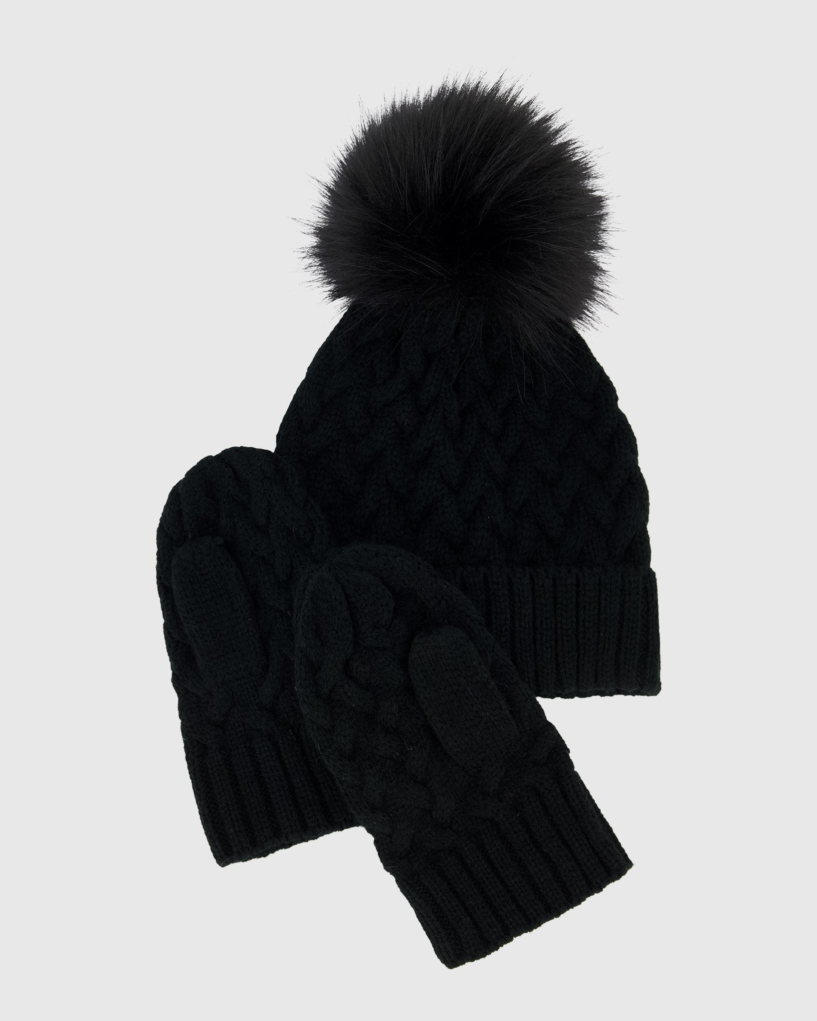SET - KNIT HAT WITH FUR-FREE FOX (FAUX FUR) POMPOM AND KNIT GLOVES