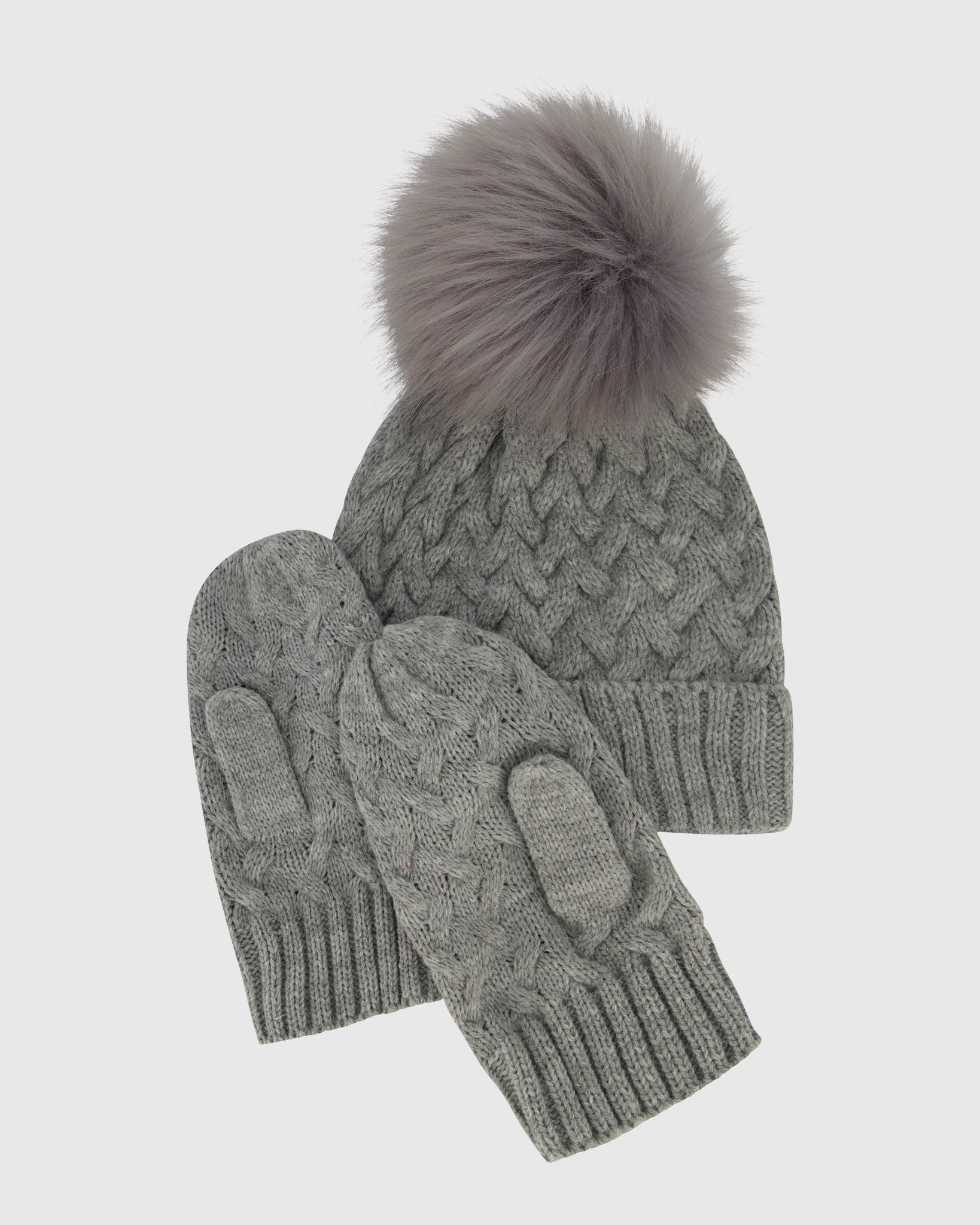 SET - KNIT HAT WITH FUR-FREE FOX (FAUX FUR) POMPOM AND KNIT GLOVES