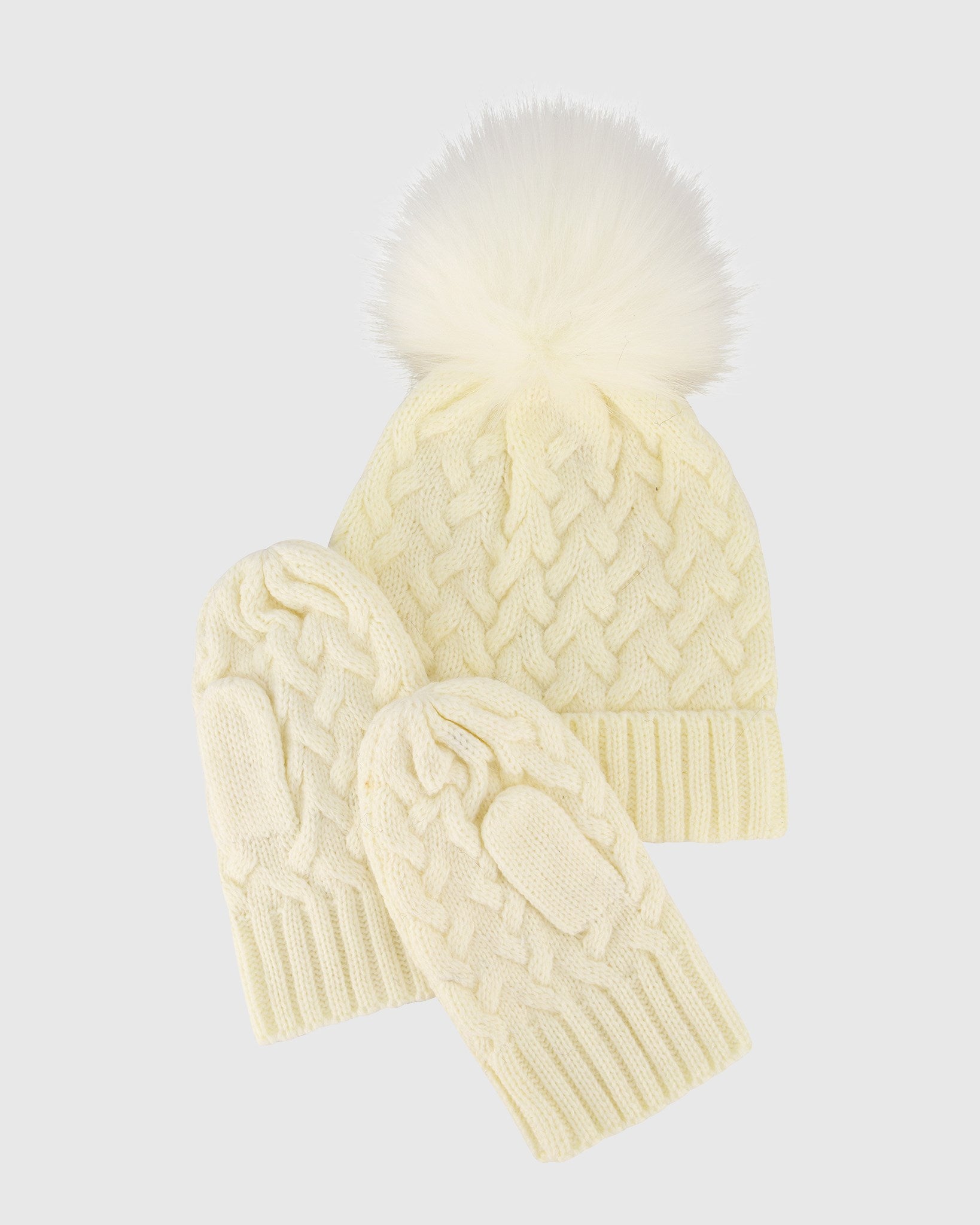 SET - KNIT HAT WITH FUR-FREE FOX (FAUX FUR) POMPOM AND KNIT GLOVES
