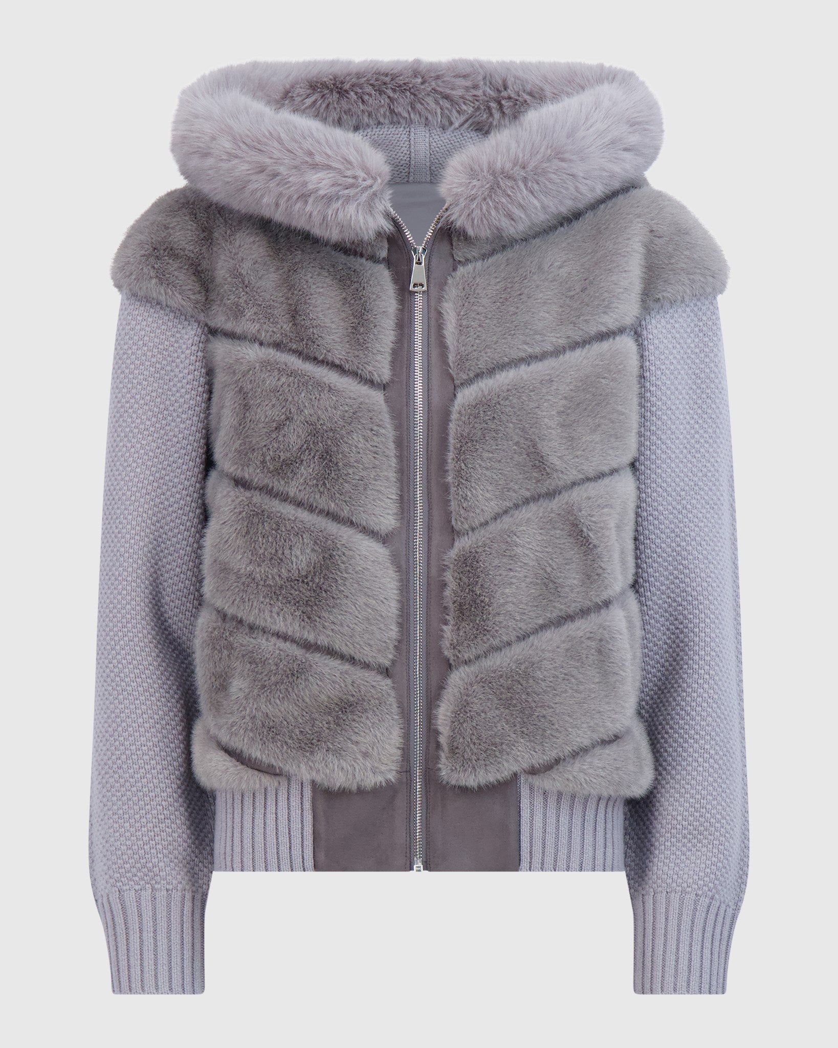 WOOL KNIT JACKET WITH FUR-FREE MINK (FAUX FUR) AND FUR-FREE FOX (FAUX FUR) HOOD TRIM