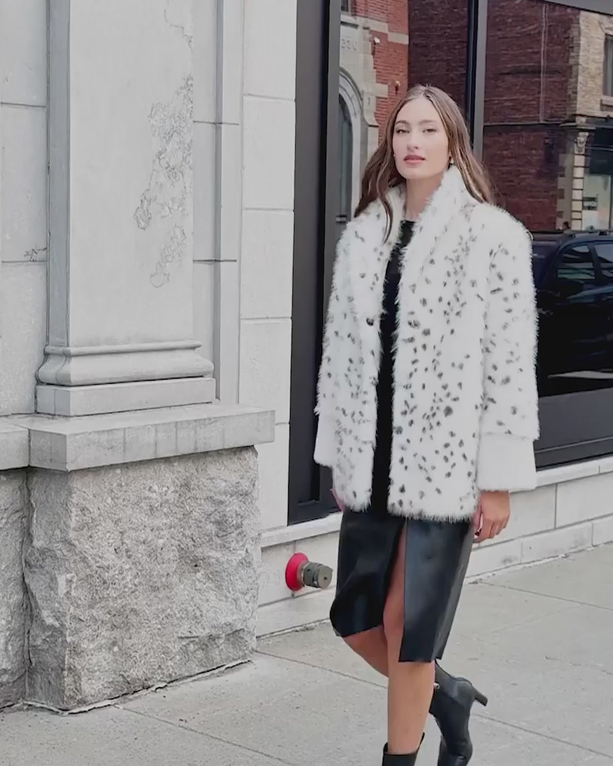 FUR-FREE FOX AND MINK (FAUX FUR) JACKET - WHITE/BLACK SPOTTED