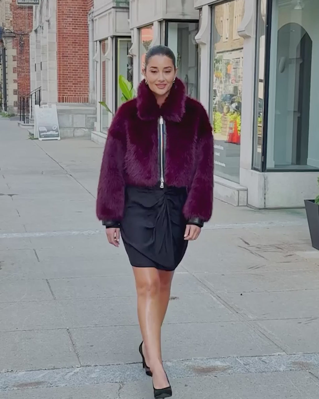FUR-FREE FOX (FAUX FUR) ZIP BOLERO - WINE/BLACK